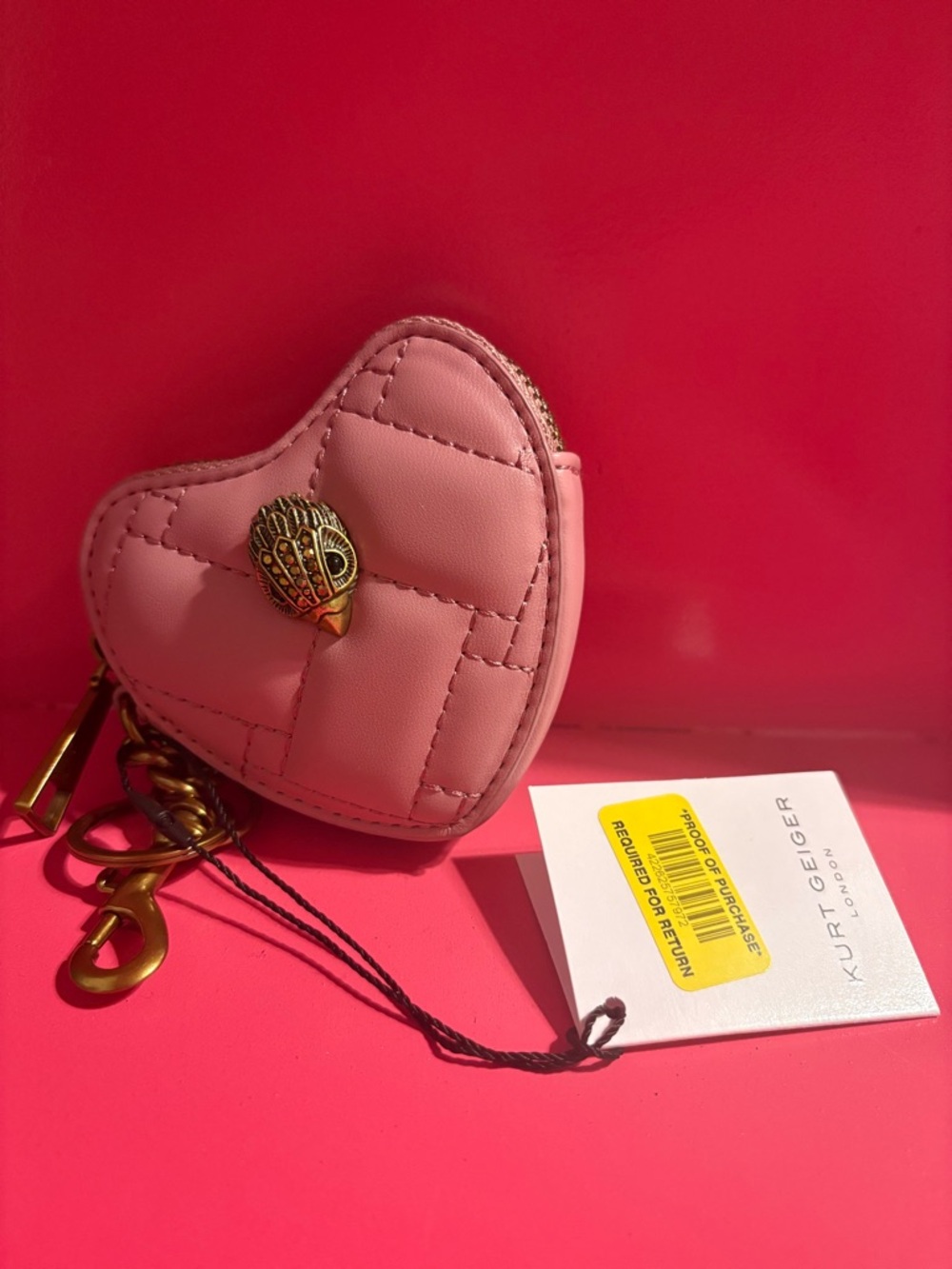 Kurt Geiger Pink Quilted Heart Coin Pouch Keyring with Gold Charm